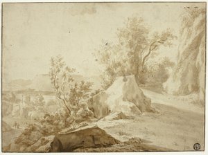 Rochas e caminho de montanha, figuras e cidade abaixo de Bartholomeus Breenbergh