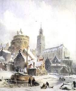 Crianças Brincando em um Rio Congelado, Deventer Cathedral Beyond