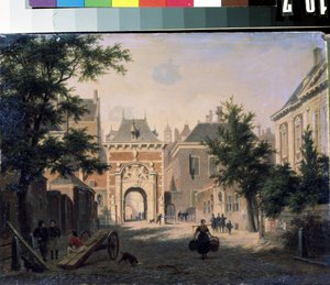 ""Vista de uma cidade holandesa"" Cena de rua, uma dona de casa retorna do mercado, as cestas carregadas. Pintura de Bartholomeus Johannes van Hove (1790-1880) Museu de Arte Mikhail Kroshitsky do século XIX, Sebastopol (Sevastopol) Ucrânia