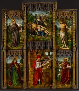 Retábulo Portátil: Pietà, São Francisco, Sebastian, João Evangelista, Jerônimo e João Batista, c.1500