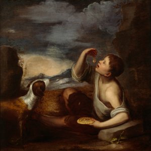 Um rapaz e um cão espanhóis (óleo sobre tela) de Bartolome Esteban (attr. to) Murillo