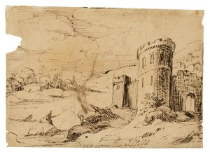 Uma paisagem do rio com um pescador perto de um castelo de Bartolomé Esteban Murillo