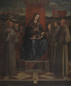 Virgem e Criança Entronizados com Seis Santos, c.1500 (óleo sobre tela) de Bartolomeo (attr. to) Montagna
