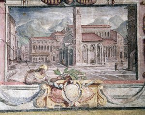 Quarto, detalhe, de, frieze, descrevendo, cidades, sob, Medici, regra, Pistoia, 1564-75, fresco de Bartolomeo Ammannati