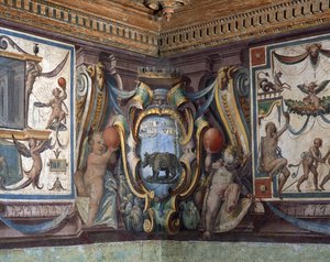 A Sala do Granduca di Toscana Hall do Grão-Duque da Toscana detalhe do friso representando os signos do zodíaco, o rinoceronte, 1564-75 afresco
