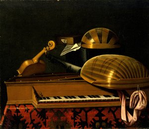 Ainda vida com instrumentos musicais e livros, meados do século XVII. de Bartolomeo Bettera