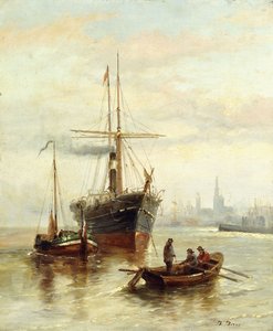 Uma cena do porto com vista para Veneza