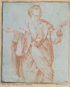 Homem drapeado, braços abertos, olhos erguidos para o céu, cabeça inclinada desenhando a la sanguine por Bartolomeo Cesi (1556-1620) Dim. 0,28 x 0,23 m Paris. Museu do Louvre