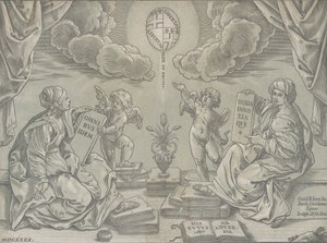 Alegoria de uma tese, duas mulheres seguram tabuletas com inscrições, 1640.