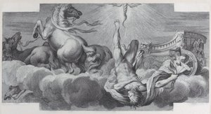 Ilustração 34: Auriga, o cocheiro, cai da carruagem no centro, com três cavalos em l..., 1756. Criadores: Bartolomeo Crivellari, Gabriel Söderling. de Bartolomeo Crivellari, Gabriel Söderling