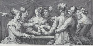 Um grupo de pessoas elegantemente vestidas jogando cartas, 1740-68