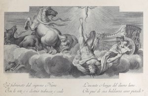 Gravura 34: Auriga, o cocheiro, cai da carruagem ao centro, com três cavalos a l..., 1756
