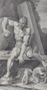 Placa 7: o cego Polifemo, guardando a entrada de sua caverna, com Ulisses e seu..., 1756