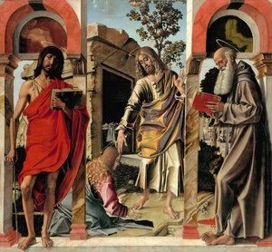 Ressuscitou Cristo com Maria Madalena e Santos João Batista e Jerônimo, c. 1492 de Bartolomeo Montagna