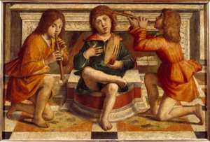 Três Anjos Músicos Pintura de Bartolomeo Montagna (1450-1523) Sol do século XVI. 0,47x0,7m Lyon, Musee des Beaux Arts