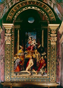 Madonna e Child Enthroned with Saint Anthony (óleo sobre painel) de Bartolomeo Passarotti