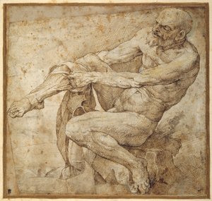 Homem nu puxando sua mangueira, depois de Marcantonio Raimondi e Michelangelo Buonarroti (caneta e tinta marrom sobre papel)