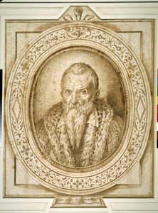 Auto-retrato na velhice, com enframamento simulado (caneta e tinta castanha sobre papel) de Bartolomeo Passarotti