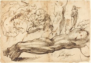 Estudos de um braço esquerdo, uma jovem, uma madona e uma criança, um rosto de perfil e figuras nuas de Bartolomeo Passarotti