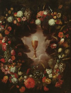 Cálice rodeado de flores e frutas de Bartolomeo Perez