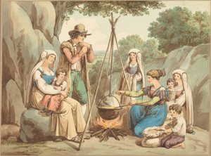 Uma família de camponeses a cozinhar numa fogueira de Bartolomeo Pinelli