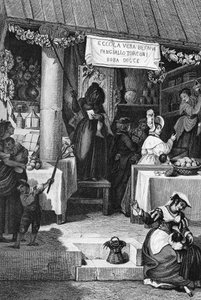 Befana (bruxa de Natal italiana), barraca de venda de doces e nougat na Piazza Navona durante a Epifania, Roma, gravura de Bartolomeo Pinelli