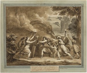 Cupido aconselha Calypso a incendiar o navio do Mentor, de As Aventuras de Telêmaco, Livro 7 de Bartolomeo Pinelli