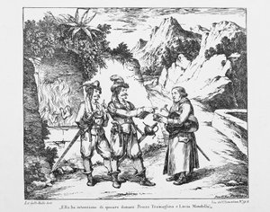 Don Abbondio encontra dois Bravi, litografia de Bartolomeo Pinelli (1781-1835) para O Betrothed de Alessandro Manzoni (1785-1873), Itália,século 19 de Bartolomeo Pinelli