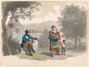 Desenho, Uma mulher segurando um menino com a mão e passando por um cavalheiro sentado entre ruínas na Campagna, 1807 de Bartolomeo Pinelli