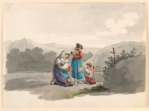 Desenho, Mulher com um bebé a rezar diante da cruz que marca o local onde o seu marido foi morto, 1807-08 de Bartolomeo Pinelli