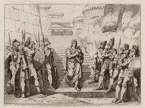Caio Fábio Dorsu passa incólume pelos gauleses quando se dirige para fazer um sacrifício, 390 a.C. (gravura) de Bartolomeo Pinelli