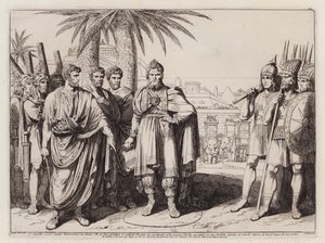 Gaius Popillius Laenas desenhando um círculo na areia à volta de Antíoco IV Epifanes (gravura) de Bartolomeo Pinelli