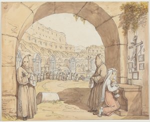 A Companhia dos Sacconi no Coliseu (Penitentes a rezar junto aos altares no Coliseu) de Bartolomeo Pinelli