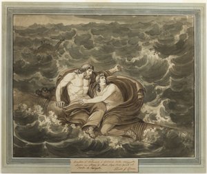 Mentor e Telêmaco, tendo sobrevivido à tempestade, são levados à Ilha de Calipso em um mastro, de As Aventuras de Telêmaco, Livro 6 de Bartolomeo Pinelli