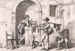 O carnacciaro, vendedor ambulante de carne de gato, gravura de Bartolomeo Pinelli (Roma de Bartolomeo Pinelli