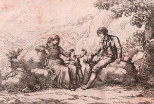 Dois plebeus com um bebê, Schiavi, Abruzzo, gravura de Bartolomeo Pinelli (Roma de Bartolomeo Pinelli