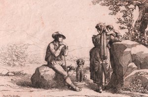 Dois plebeus com um bebé e um cão em Fraine, Abruzzo, gravura de Bartolomeo Pinelli (Roma de Bartolomeo Pinelli