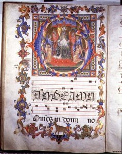 Sra. 557 f.35v Página com iluminação representando Aegidius (St. Giles) (d.c.700) entronizada e rodeada de anjos, de 