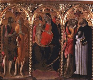Tríptico: Madonna e Criança (painel central) com São João Batista, Santa Maria Madalena, São Cristóvão e São Domingos (tempera no painel) de Bartolomeo di Tommaso da Foligno