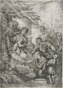 Adoração dos Reis (A Oferta dos Reis Magos), após 1657 (gravura em papel deitado) de Bartolommeo Biscaino