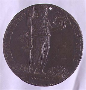 Medalha de retrato representando uma figura feminina segurando uma vara (bronze) (para o verso ver 96845) de Bartolommeo Melioli