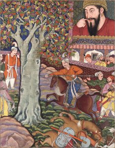 Mahlaj mostra a sua perícia a Zumurrud Shah e atravessa uma árvore com uma lança (de Hamzanama)