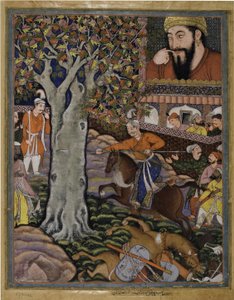 Mahlaj mostra a sua perícia a Zumurrud Shah e atravessa uma árvore com uma lança (do Hamzanama, Volume 11)
