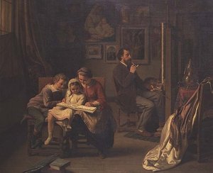 O artista com os seus filhos no seu estúdio