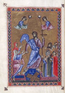 Egerton 1139, f.9v Harrowing of Hell, ilustração do "Saltério da Rainha Melisende", Jerusalém c.1131-40 (tinta, cor e ouro sobre o velo) de Basilius Basilius