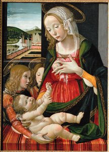 Madona amamentando o menino Jesus, rodeada de anjos ... (pintura sobre madeira)