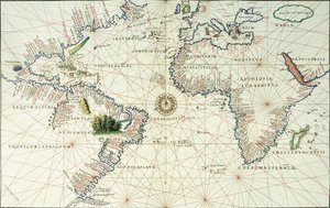 Um mapa de página dupla do Oceano Atlântico, mostrando a costa leste da América do Norte e do Sul, 1544