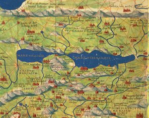 Terra Santa, Israel e Palestina: Mar da Galileia e cidade de Tiberíades, do Atlas do Mundo em trinta e três mapas, por Battista Agnese de Battista Agnese