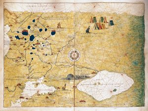 Moschoviae Tabula, mapa da Rússia e das cidades europeias ao longo do rio Volga de Battista Agnese