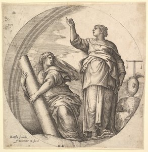 Fortitude and Justice, composição alegórica em formato redondo, com Fortitude g..., ca. 1530-61.